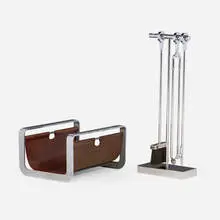 Danny Alessandro, Fireplace tool set, c. 1985, chrome-plated brass, saddle leather