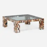 Contemporary, Tessellated horn coffee table, c. 1975, horn over wood, enameled steel, glass
