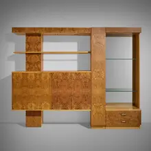 Modern, Display cabinet, c. 1975, bird's-eye maple, walnut burl, glass, mirrored glass
