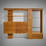 Modern, Display cabinet, c. 1975, bird's-eye maple, walnut burl, glass, mirrored glass