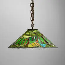 Decor Studios, Forest Landscape hanging shade, c. 1950-60, leaded glass, patinated bronze
