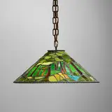 Decor Studios, Forest Landscape hanging shade, c. 1950-60, leaded glass, patinated bronze