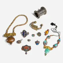 Asian, Collection of jewelry, silver, silver gilt, brass, copper, turquoise, coral, lapis lazuli, amber, star sapphire