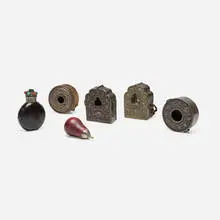 Tibetan, Collection of accessories, silver, silver gilt, copper, glass, wood, cloth, leather, turquoise, coral