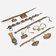 Tibetan and Mongolian, Collection of accessories, silver, silver gilt, brass, leather, silk, coral, turquoise