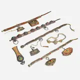 Tibetan and Mongolian, Collection of accessories, silver, silver gilt, brass, leather, silk, coral, turquoise