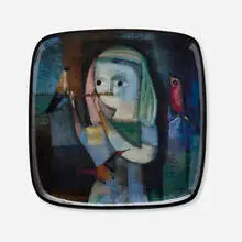 Polia Pillin, Large plate with girl playing flute and birds, c. 1970, glazed earthenware