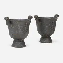 Ivar Johnsson, Faun urns, pair, c. 1921, cast iron