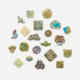Pewabic Pottery, Collection of twenty-one pins, iridescent-glazed earthenware, iridescent-glazed porcelain, base metal