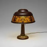 Art Nouveau style Butterfly overlay table lamp by Heintz Art Metal Shop, c. 1915, bronze, silver, mica, sold Jul 2025