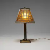 Smith Metal Arts Company, Silver Crest lattice overlay table lamp, c. 1915, bronze, mica