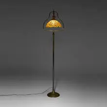 Harp floor lamp by Handel, leaded glass, bronze, sold Jul 2025