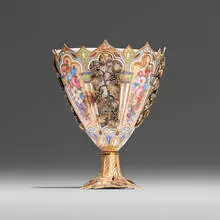 Swiss, Zarf with flowers and grapevines, glazed and gilt porcelain, gilt metal, enamel