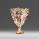 Swiss, Zarf with flowers and grapevines, glazed and gilt porcelain, gilt metal, enamel