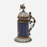Miniature tankard by Meister der Wunder von Mariazell, c. 1890, .800 silver gilt, enamel, hardstone, sold Jul 2025