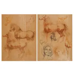 Fernando Calderón, two colored, pencil drawings, Horses and Figural Studies, 1964, [approximate dimensions -