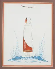Untitled by Kiowa Tribe, gouache painting woody big bow c1914-1988, offered Oct 2020