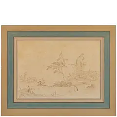 Francesco Guardi, Capriccio con torre e cascinali in riva al mare, Penna e inchiostro bruno