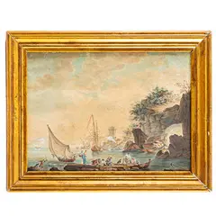 Antoine Roux, Veduta costiera, oil on paper applicata on canvas