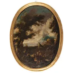 Antonio Francesco Peruzzini, Paesaggio con barca e figure, oil on canvas ovale
