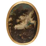 Antonio Francesco Peruzzini, Paesaggio con barca e figure, oil on canvas ovale