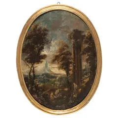 Antonio Francesco Peruzzini, Paesaggio con rovine e figure, oil on canvas ovale