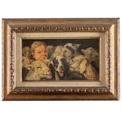 Cesare Viazzi, Alessandria, 1857 - Predosa, 1943 / Bambino con agnellini / Firmato C Viazzi in basso a destra, oil on panel