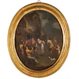 Festa paesana / Scena di osteria by Theodor Helmbreker, oil on canvas ovale, offered Feb 2026