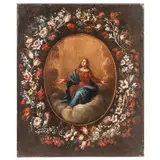 Laura Bernasconi, E PITTORE DI FIGURA DEL XVII-XVIII SECOLO / Madonna in gloria entro ghirlanda fiorita, oil on canvas