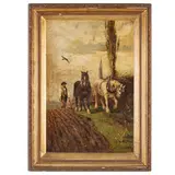 Edward Wilkins Waite, Leathrerhead, Regno Unito 1854 - Sussex, Regno Unito 1924 / Superando la collina, contadino e cavalli / Firmato W E Waite in basso a destra, oil on canvas