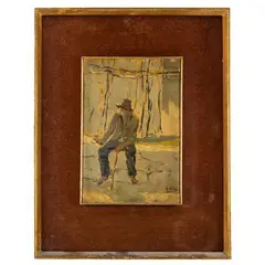 Alessandro Milesi, Venezia, 1856 - 1945 / Contadino che riposa / Firmato A Milesi in basso a destra, oil on cardboard