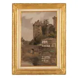 Fortunino Matania, Napoli, 1881 - Londra, 1963 / Paesaggio fluviale con ponte / Firmato Fortunino Matania in basso a sinistra, mixed media on cardboard