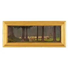 André Frémond, Francia, 1884 - 1965 / Pastore con gregge nel bosco / Firmato A Fremond e datato 26 in basso a sinistra, oil on panel