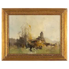 Eugène Galien-Laloue, Parigi 1854 - 1941 / Paesaggio francese con chiesetta / Firmato E Kermanguy in basso a destra, oil on cardboard