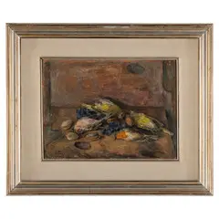 Eso Peluzzi, Cairo Montenotte, 1894 - Monchiero, 1985 / Uccellino e frutta / Firmato E Peluzzi in basso a sinistra, oil on cardboard