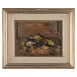 Eso Peluzzi, Cairo Montenotte, 1894 - Monchiero, 1985 / Uccellino e frutta / Firmato E Peluzzi in basso a sinistra, oil on cardboard