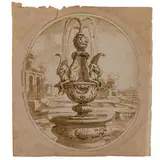 Veduta di giardino con fontana by Pio Panfili, Penna e acqurello su carta ovale, offered Mar 2026