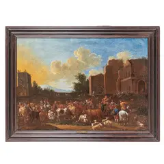 Scena di mercato con rovine by Pieter van Bloemen, oil on canvas, offered Mar 2026