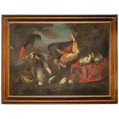 David de Coninck, Cacciagione in un paesaggio e pappagallo, oil on canvas
