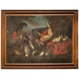 David de Coninck, Cacciagione in un paesaggio e pappagallo, oil on canvas