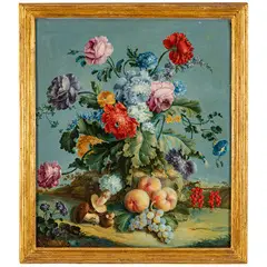 Michele Antonio Rapous, Natura morta di fiori in un paesaggio con frutti e funghi, oil on panel