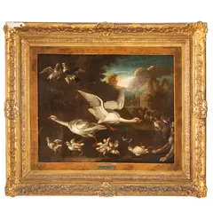 Adriaen de Gryef, Paesaggio con oche e cane, oil on canvas