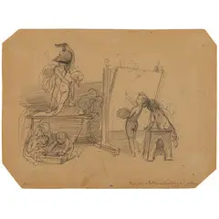 Stefano Ussi, Firenze, 1822 - 1901 / Puttini nello studio del pittore / Firmato Ussi a sinistra e iscrizione in basso a destra, pencil on paper