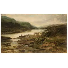 Hippolyte van Soom, Belgio, 1856 - 1922 / Pescatori sugli argini della Mosa / Firmato Hipp Van Soom e datato 1885 in basso a destra, oil on canvas