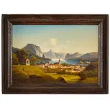 Johann Wilhelm Jankowski, Bohmisch, 1825 - 1870 / Veduta di Gmunden e di Schloss sul lago di Traunsse, oil on canvas