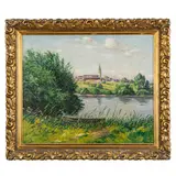 Attivo nel XX secolo / Paesaggio fluviale con chiesa sullo sfondo / Firmato A Gebauer in basso a destra by Alfred Gebauer, oil on cardboard, offered Mar 2026
