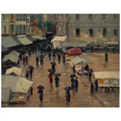 Narcisse Guilbert, Rouen, marché un jour de pluie, oil on board