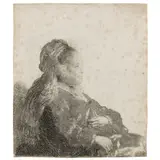 The Artist's Mother Seated, in an Oriental Headdress: Half Length (Bartsch, Hollstein 348, Hind 51, New Hollstein 86) by Rembrandt Harmensz van Rijn, 1631, Etching on laid paper with Arms of Regensberg (Ash/Fletcher 8), New Hollstein's fifth state (of 6), sold May 2025