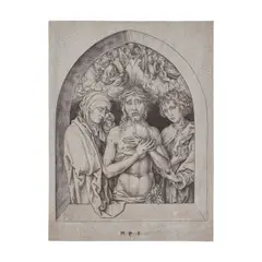 Martin Schongauer, The Man of Sorrows Between the Virgin and St. John (Bartsch 69, Lehrs, Hollstein 34), c. 1470-72, Engraving on laid paper with Ram's head watermark backed with japon, Hollstein's second (final) state, trimmed to the plate