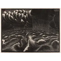 M. C. Escher, The Second Day of Creation (The Division of the Waters)  (Bool 105), 1925, Woodcut on laid chine